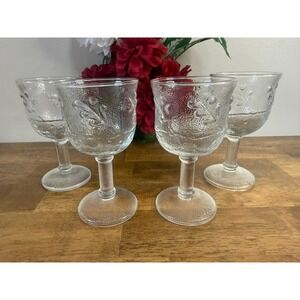 Anchor Hocking Amanda‎ Clear Glass Goblets Vintage Textured Floral Stemware Set